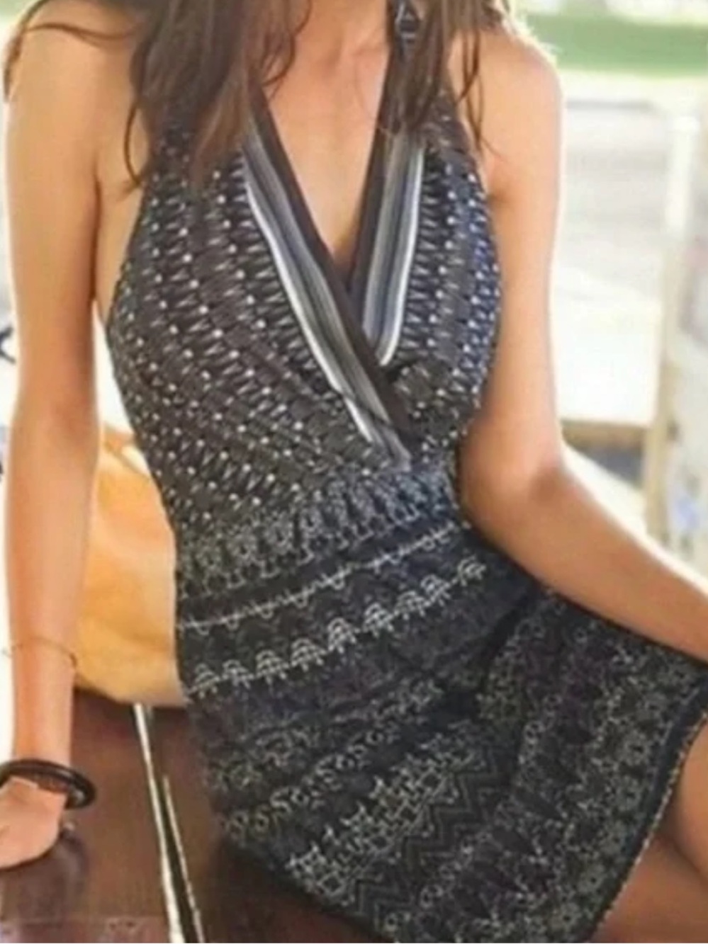 NWOT Athleta Go Anywhere Black White Grey Halter Neck Printed Dress 14